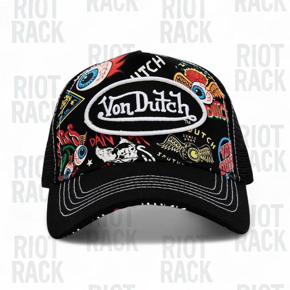 Von Dutch Black Multi-Logo Trucker Hat – Rare Graphic Collector Edition